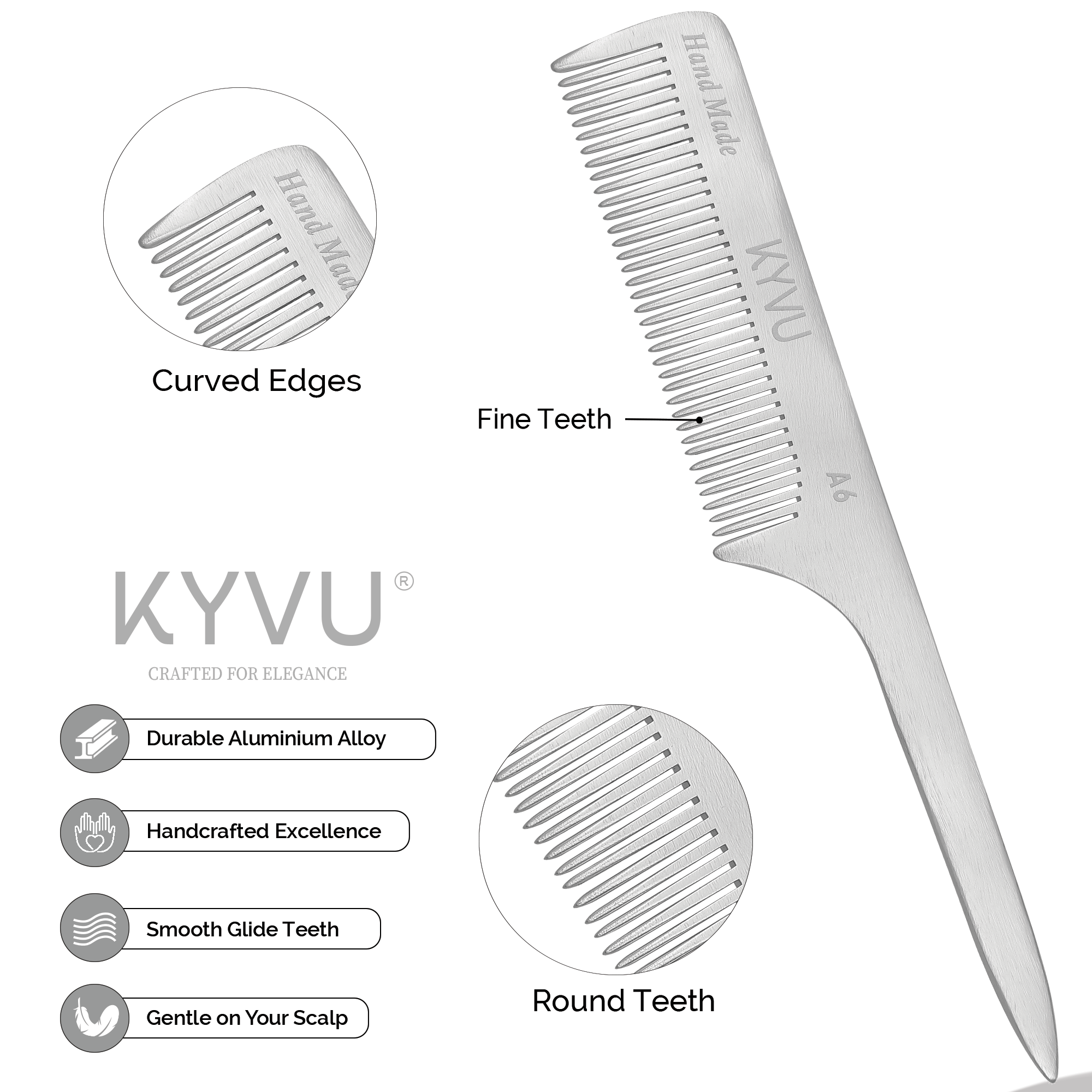 Extra-Large Aluminium Fine-Tooth Comb – Styling Comb with Handle (A6)