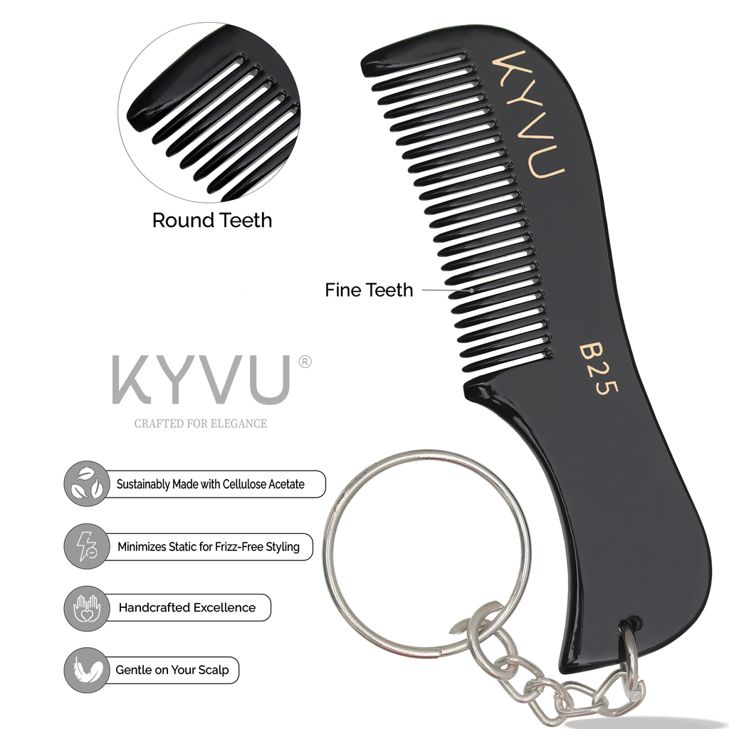 Handmade 7.5 cm Premium Cellulose Acetate (Black) Moustache & Beard Comb with Key Ring (B25)