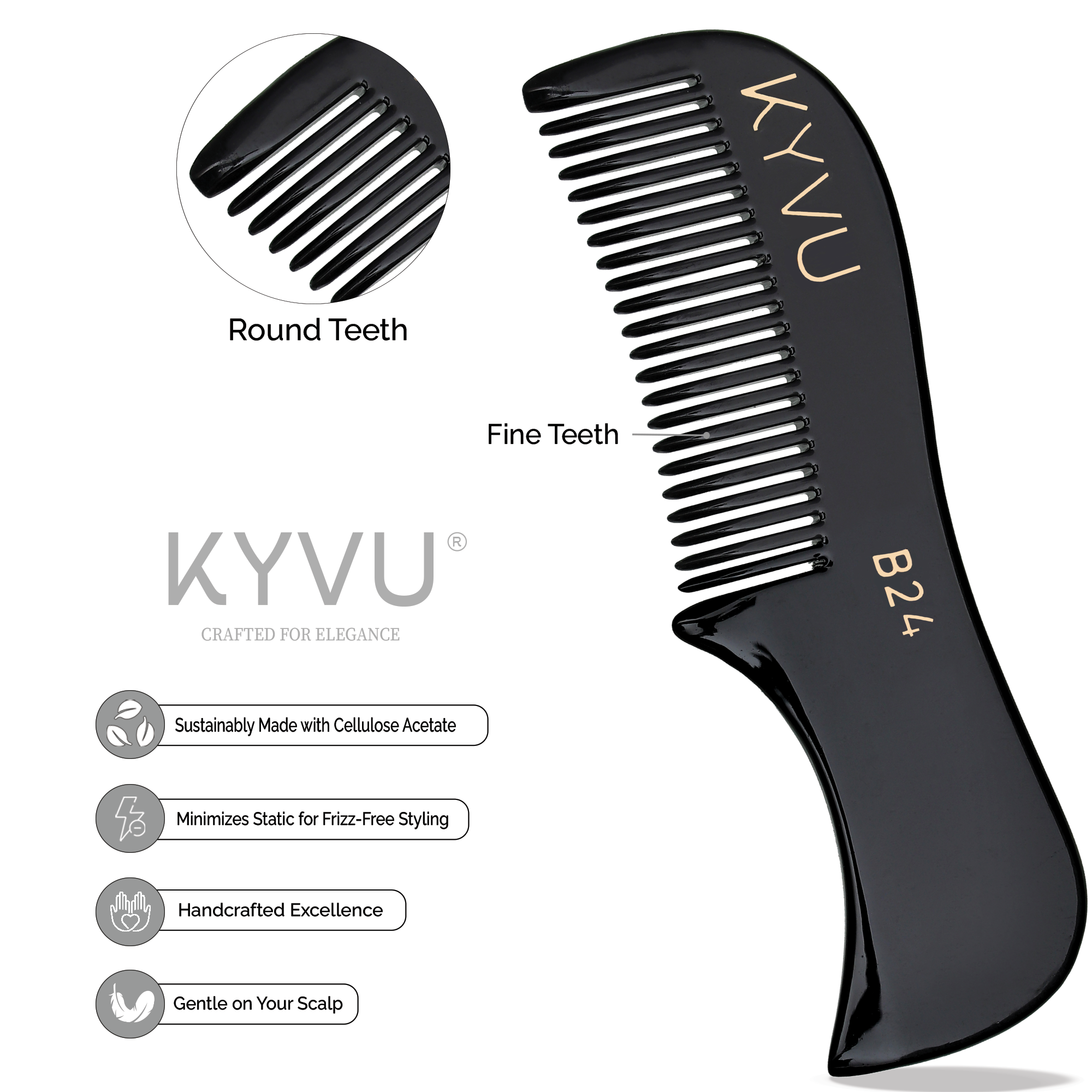 Handmade 7.5 cm Premium Cellulose Acetate (Black) Moustache & Beard Comb for Men (B24)