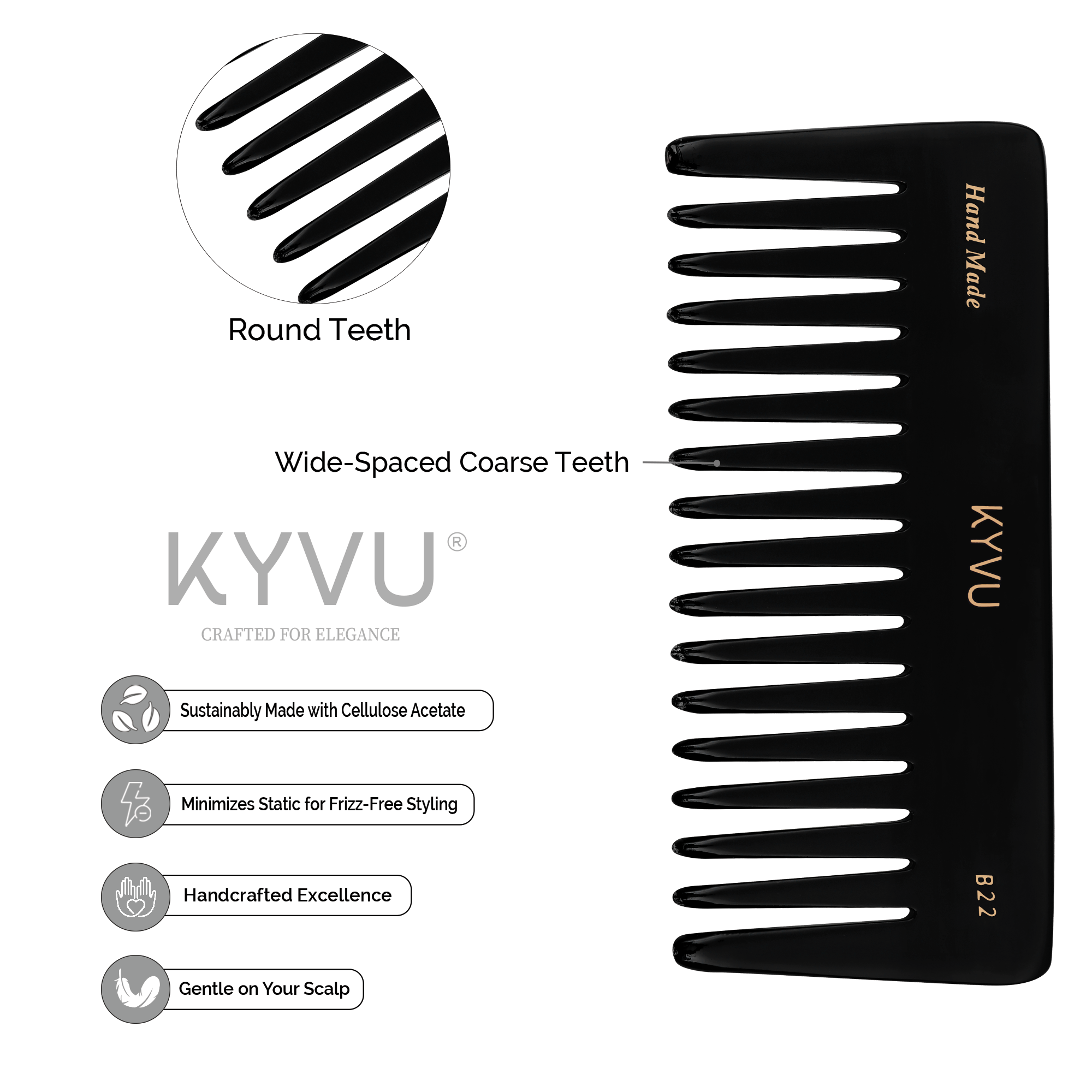 Handmade 15.6 cm Wide-Tooth Detangling Comb (B22)