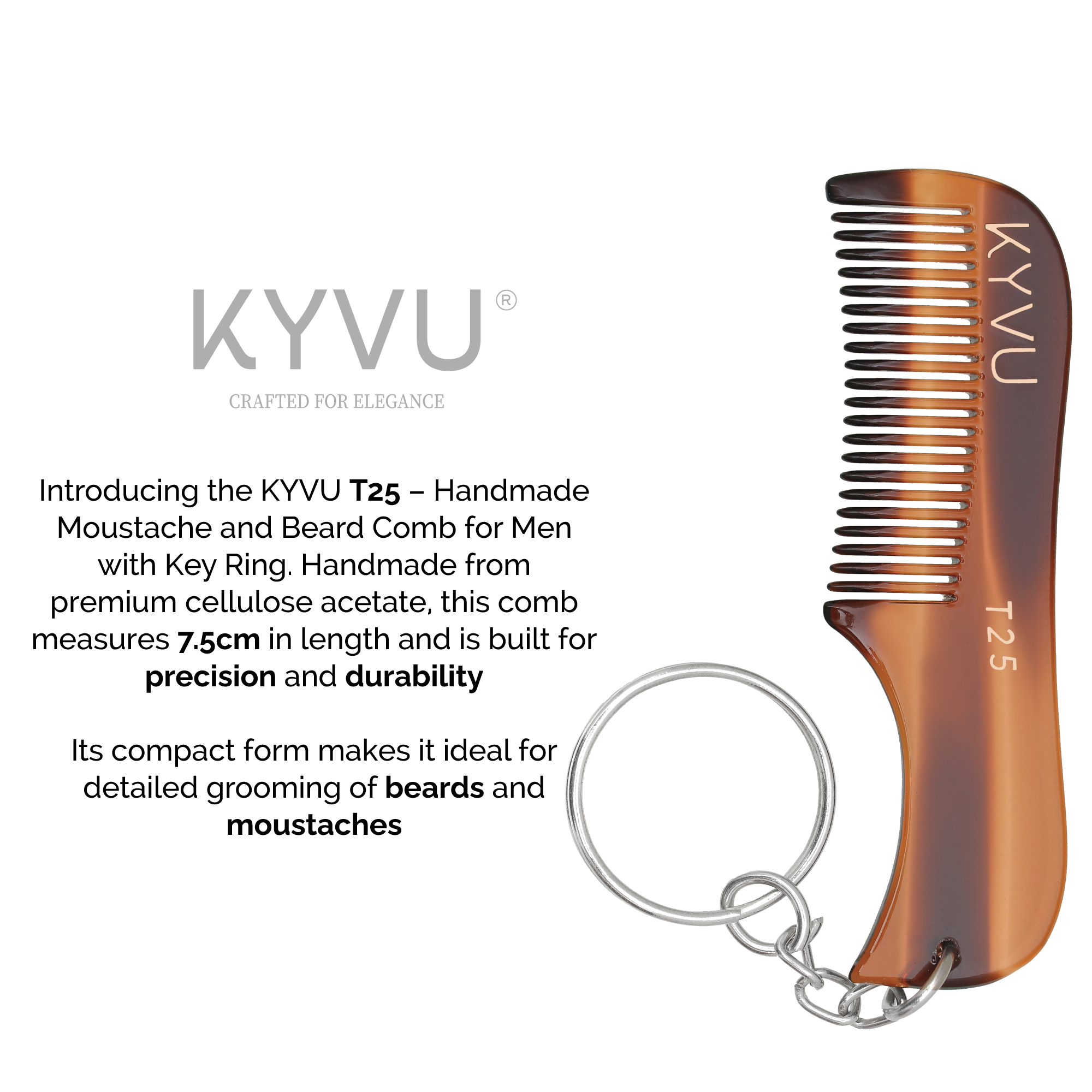 Handmade 7.5 cm Cellulose Acetate (Tortoiseshell) Moustache & Beard Comb with Key Ring (T25)