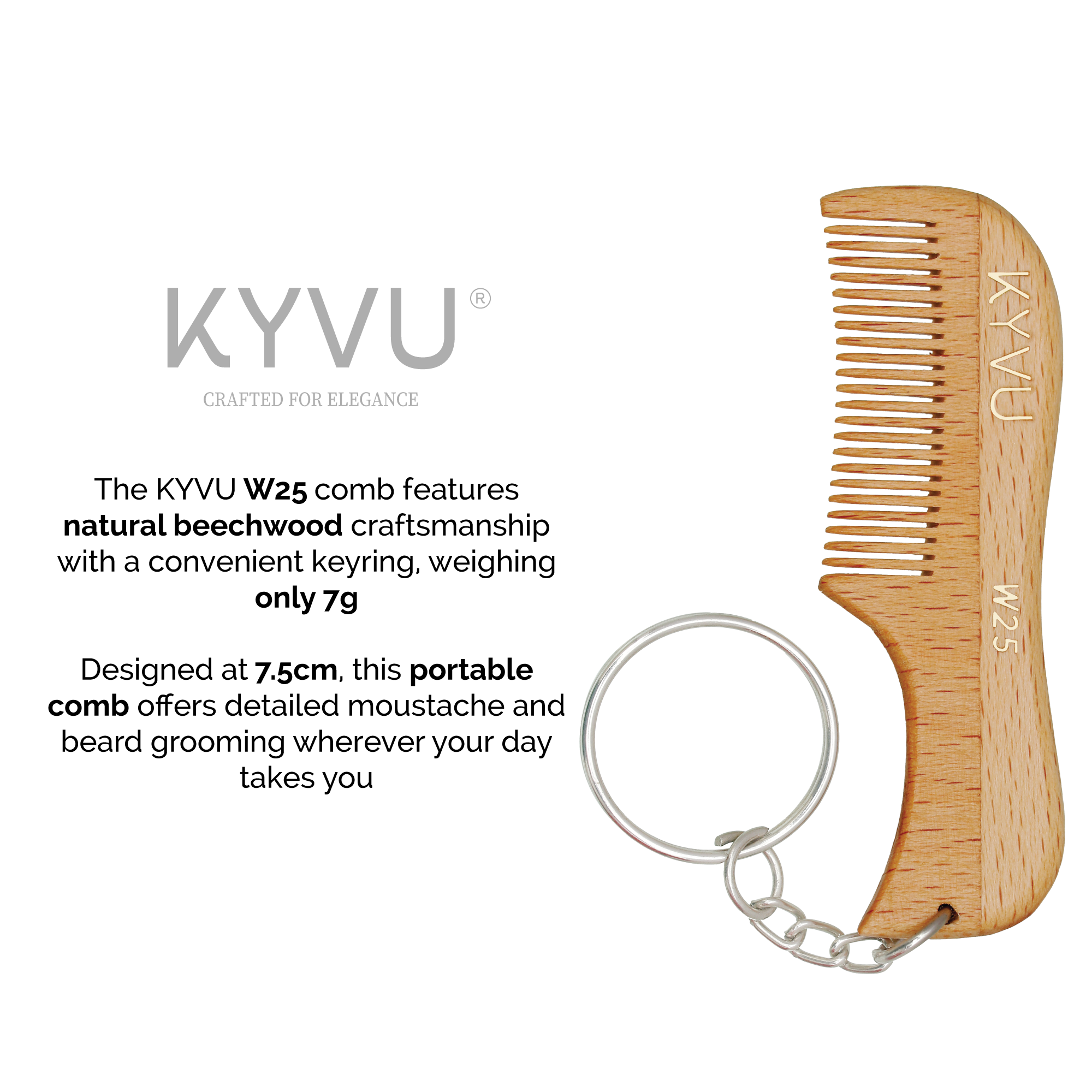Handmade 7.5 cm Beechwood Moustache & Beard Comb with Key Ring (W25)
