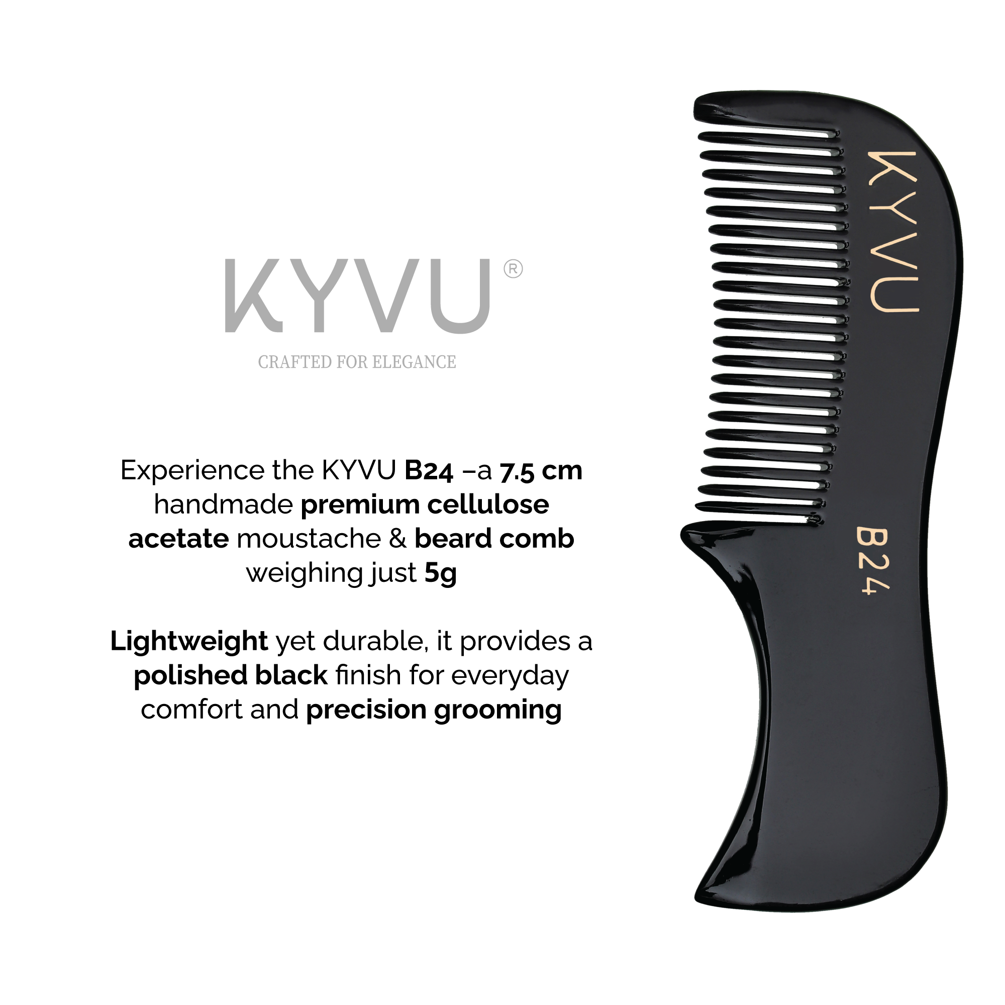Handmade 7.5 cm Premium Cellulose Acetate (Black) Moustache & Beard Comb for Men (B24)