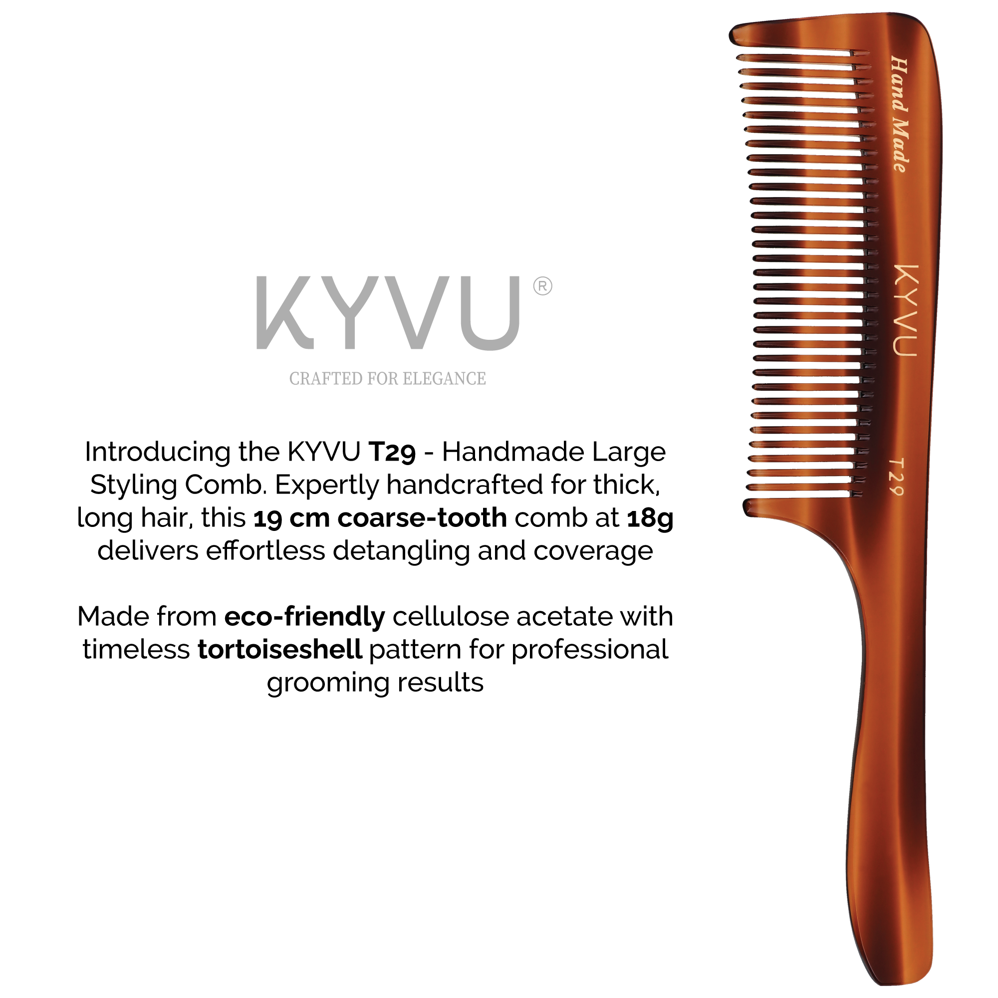KYVU T29 handmade comb handle vertical view coarse styling teeth, premium cellulose acetate tortoiseshell finish sustainable snag-free grooming