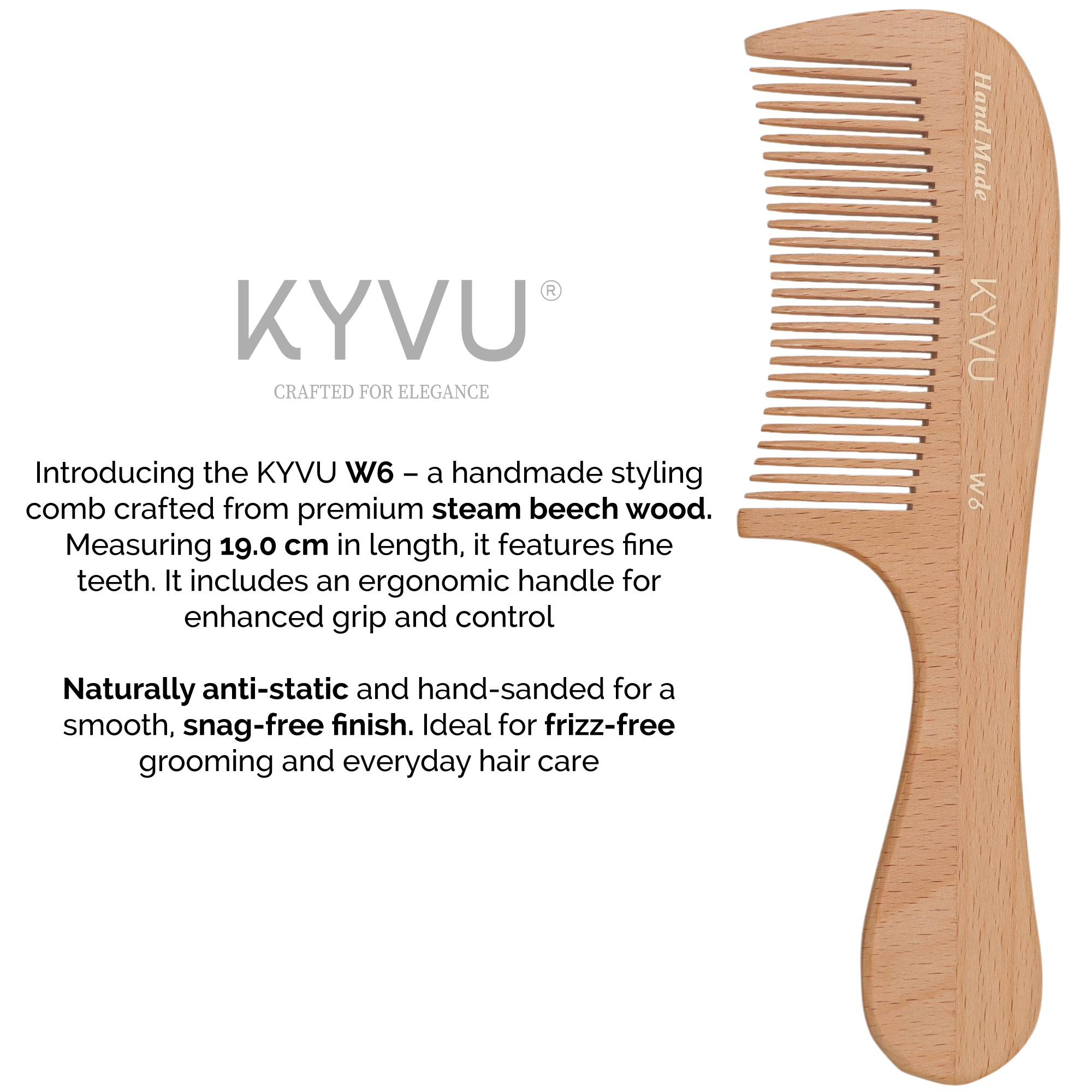 Extra-Large Wooden Fine-Tooth Comb – Styling Comb with Handle (W6)