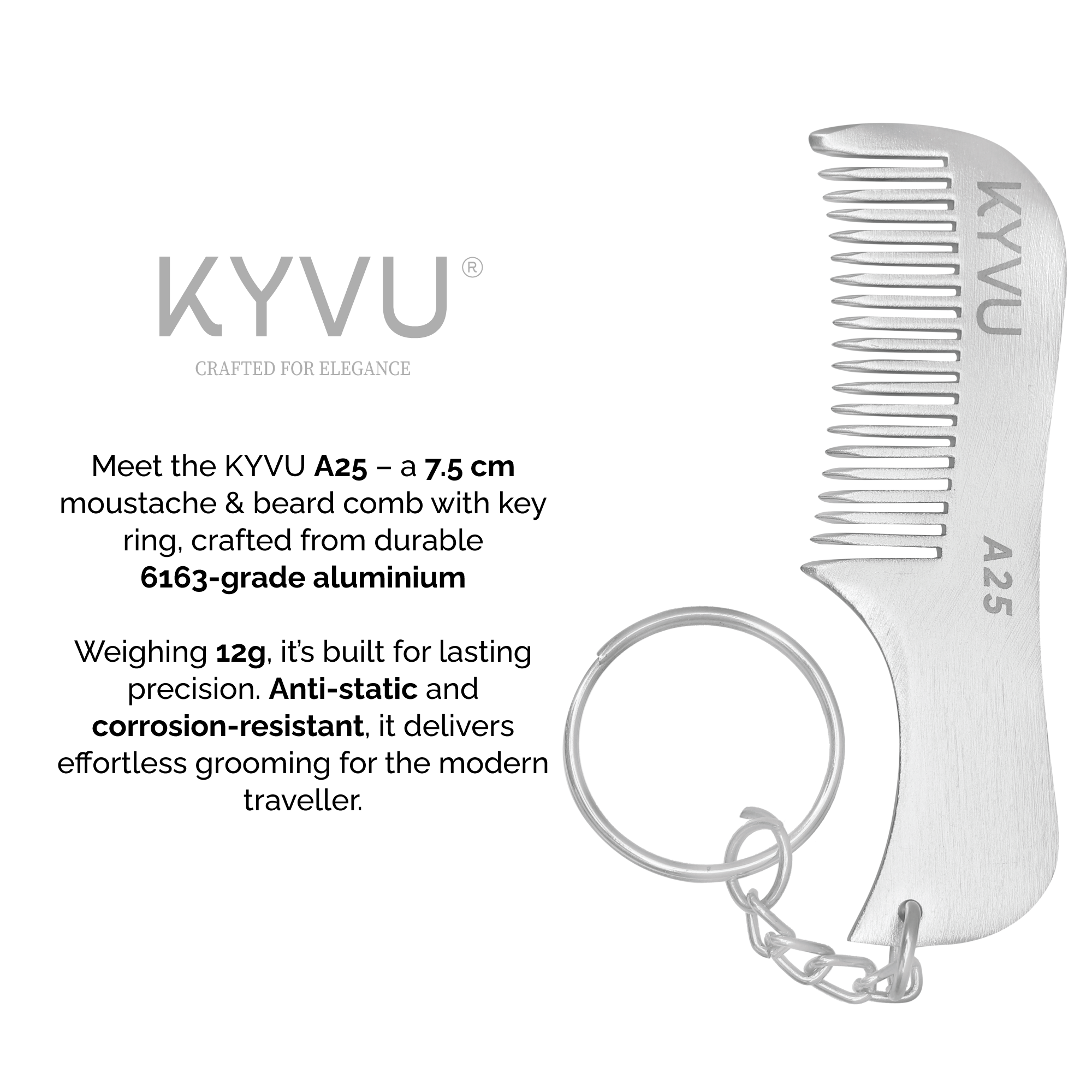 Handmade 7.5 cm Aluminium (6163 Grade) Moustache & Beard Comb with Key Ring (A25)