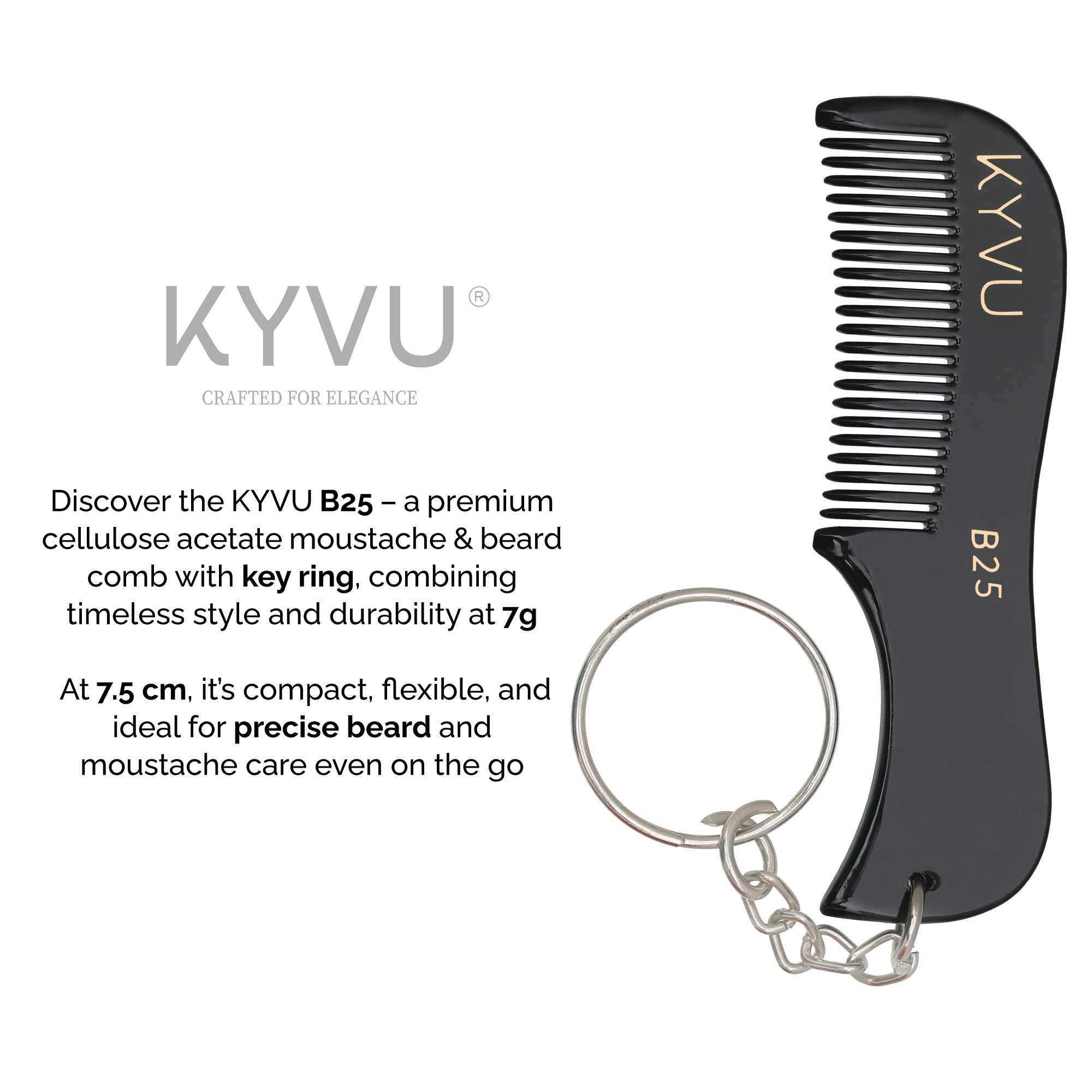 Handmade 7.5 cm Premium Cellulose Acetate (Black) Moustache & Beard Comb with Key Ring (B25)