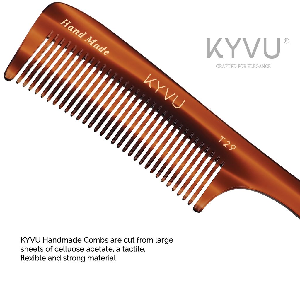 KYVU T29 cellulose acetate comb handle closeup with specs, handmade premium material 19.0cm length 18g weight coarse teeth for all hair types