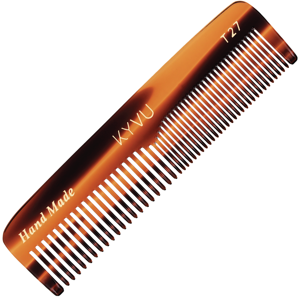 KYVU T27 handmade tortoiseshell pocket comb 10.9cm dual coarse fine teeth, ultra-light 9g cellulose acetate for thick curly textured hair wet dry grooming