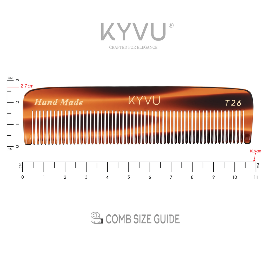 KYVU T26 comb size guide: 10.9 cm long, 2.7 cm wide, 0.37 cm thick with ruler scale